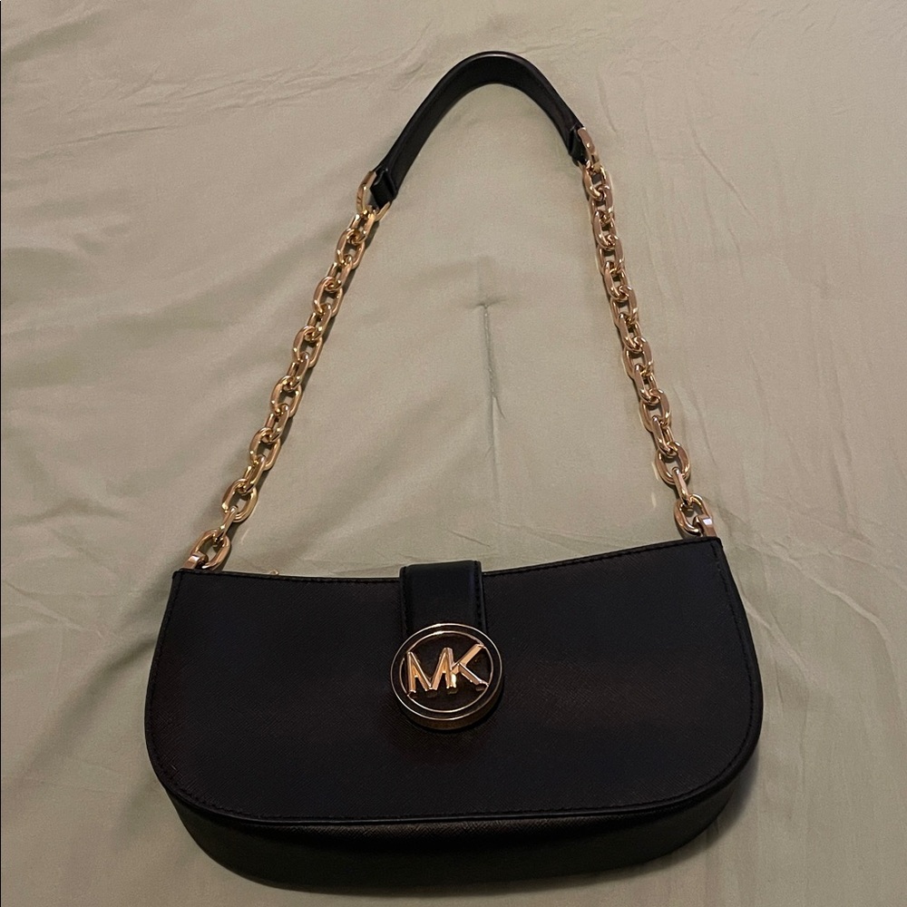 Michael Kors Black Shoulder Bag with Gold Chain Strap and MK Emblem
